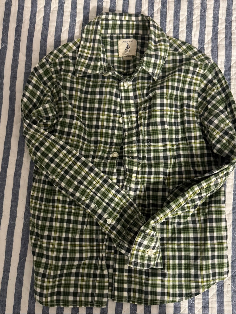 Lands' End Boy’s Green Plaid Button-Down Shirt